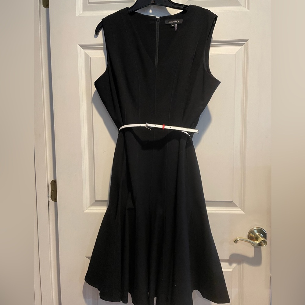 Ellen Tracy Black Midi flared skirt Dress with White Belt